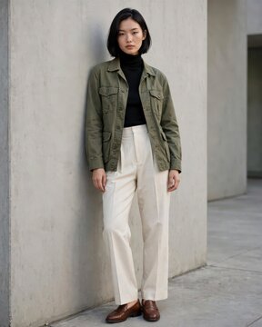Young woman in olive jacket and white trousers standing against