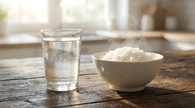 Glass of water and bowl of rice on a rustic table symbolizing basic needs