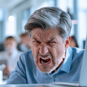 Mature man expressing intense anger and frustration in an office environment with coworkers blurred in the background during a workday conflict