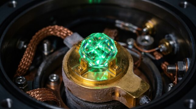 Synthetic yttrium orthosilicate crystal glowing with green refraction on a gold-plated cold finger inside a quantum cryostat.