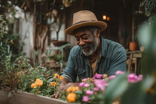 Senior Man Smiling While Working in Flower Garden at Home