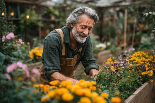 Senior Man Enjoying Gardening in Greenhouse Surrounded by Flowers