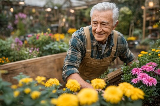 Elderly Man Smiling in Garden Surrounded by Colorful Flowers