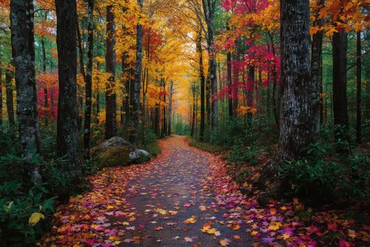 Serene Autumn Pathway Through Colorful Forest Leaves in Fall