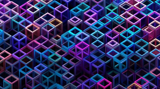 Colorful 3D Geometric Cubes in Abstract Purple and Blue Background