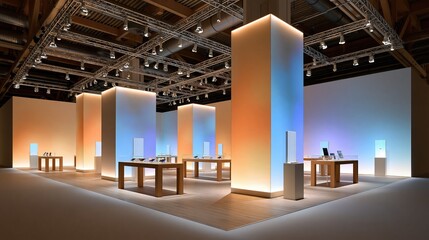 Fototapeta premium Modern exhibition booth with illuminated columns and display tables in a spacious convention hall