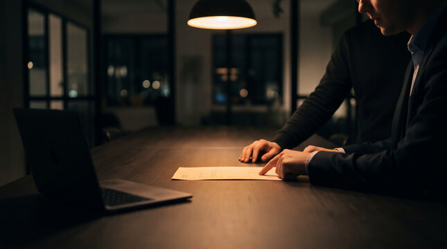 Businessmen reviewing remote work documents at night
