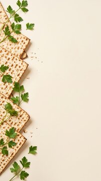 Passover matzah and fresh parsley arranged along cream background edge. Jewish holiday food tradition, elegant festive banner with generous copy space. Vertical
