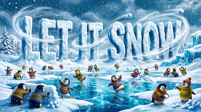 bold large let it snow text integrated into a swirling blizzard scene featuring playful penguins wearing tiny knit sweaters throwing snowballs across an icy frozen crystal lake
