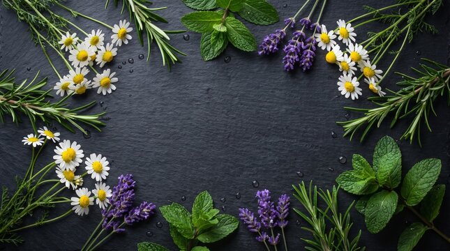 Fresh organic herbs and medicinal flowers frame on dark slate background