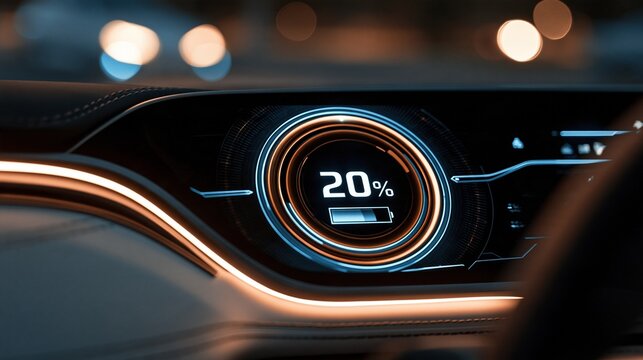Modern Car Dashboard Display Showing Battery Charge Level and Futuristic Glow