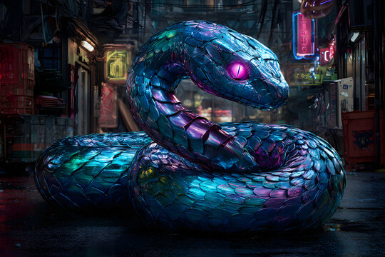 Glowing cybernetic serpent in an urban alley