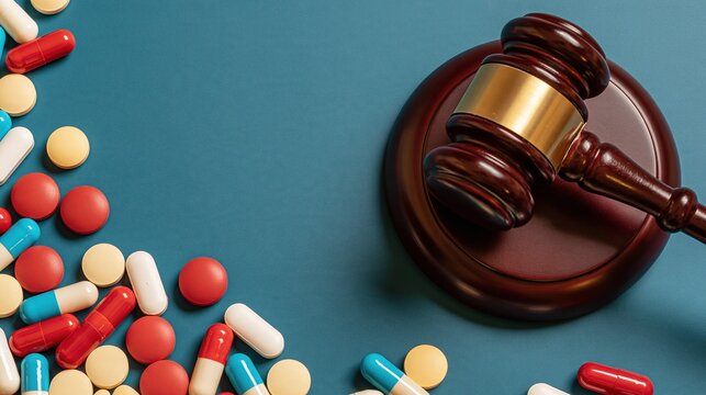 Legal judgment and pharmaceutical products on blue background, representing legal proceedings in the healthcare industry