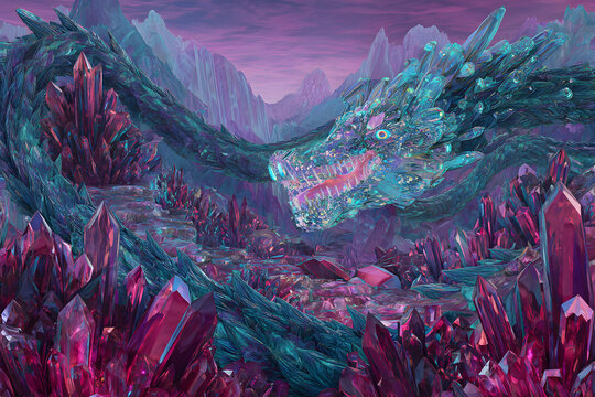 Crystal dragon in a magical mountainous landscape