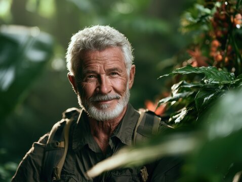 Portrait of a content elderly man with a white beard enjoying nature surrounded by lush green foliage and soft sunlight in an outdoor setting