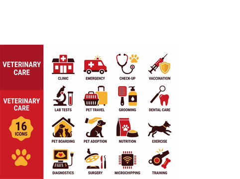Veterinary care icons set, 16 pet clinic symbols, animal hospital vector illustrations, dog cat medical signs for web design eps
