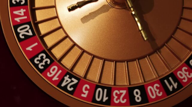 Roulette wheel with white ball resting on zero. Casino game table closeup shows spinning gambling equipment.