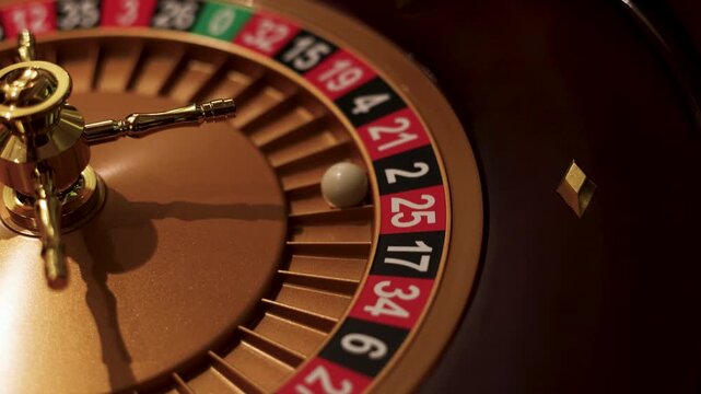 Spinning roulette wheel in casino. White ball lands on number 2 pocket. Gambling game table in motion during roulette round.