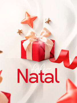 Feliz Natal La&ccedil;o Bege e Presente Vermelho Post Card Insta Template Banner