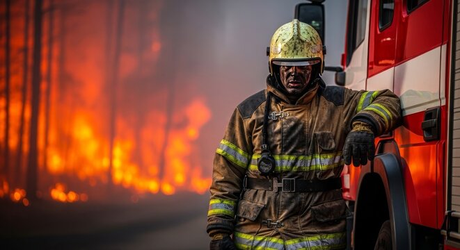 Exhausted figure in soot-covered fireproof gear rests against a red vehicle after an overnight mission to extinguish intense forest flames, ash, outdoor, sitting