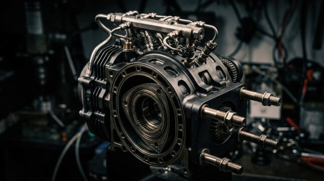 Closeup of a compact four-chamber rotary engine powerhead for unmanned aircraft with nitrided trochoid housing, fuel injector rail, and titanium mounting studs.