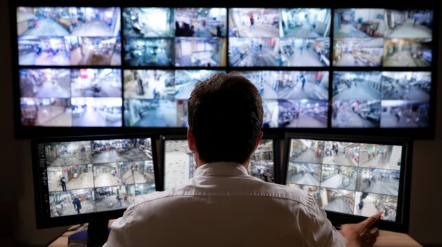 Surveillance specialist adjusting multiple highresolution security cameras inside a modern data center for comprehensive monitoring.