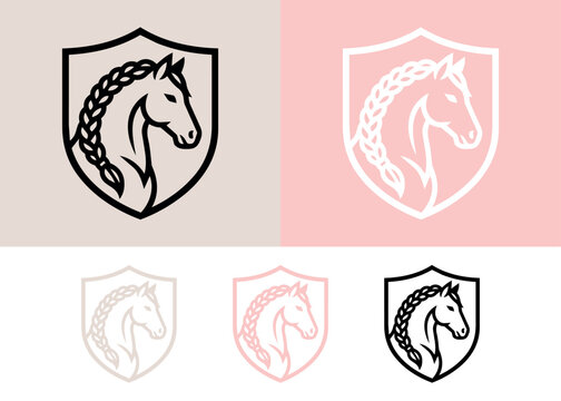 Horse head in shield logo variations on soft backgrounds.