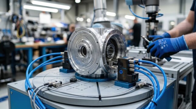 Automated workpiece indexing turntable with pneumatic clamps and magnetic proximity sensors holding a machined aerospace gearbox component.