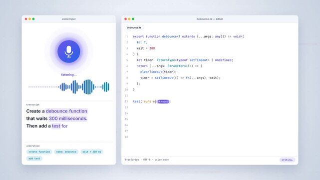 Voice controlled coding interface transcribes a spoken request and writes a debounce function with a test