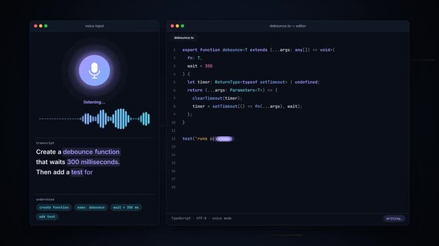 Voice controlled coding interface transcribes a spoken instruction and writes a debounce function test in a dark editor