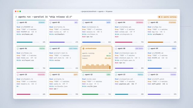 A software dashboard shows parallel coding agents completing tasks and reaching a successful test summary