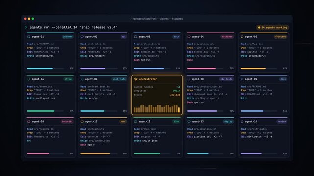 A dark software dashboard shows parallel coding agents completing a ship release and passing tests