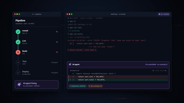 CI pipeline dashboard shows an AI coding agent correcting a build error and passing deployment checks