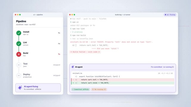 Software deployment pipeline changes from a failed build to successful tests and production release on a clean interface