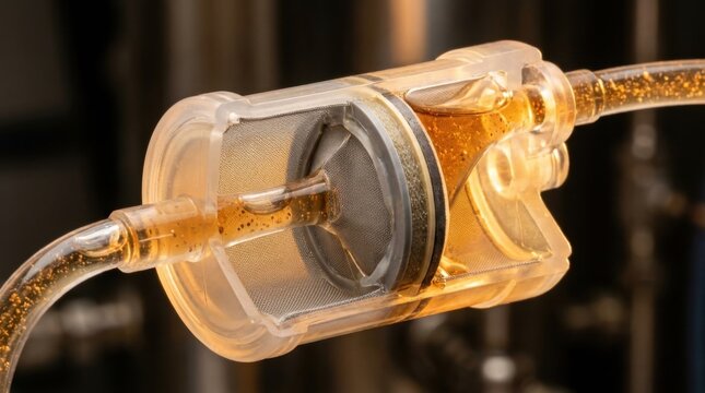 Macro closeup of ion-selective membrane cartridge separating dissolved heavy metal ions from amber mine drainage water through translucent fluoropolymer valves and microfiltration mesh.