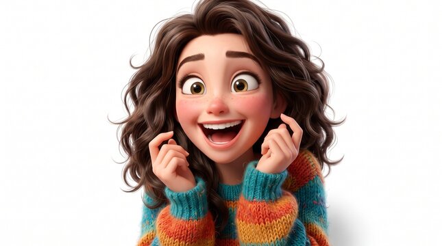 3D cartoon style portrait of a happy young woman with curly brown hair isolated on white background