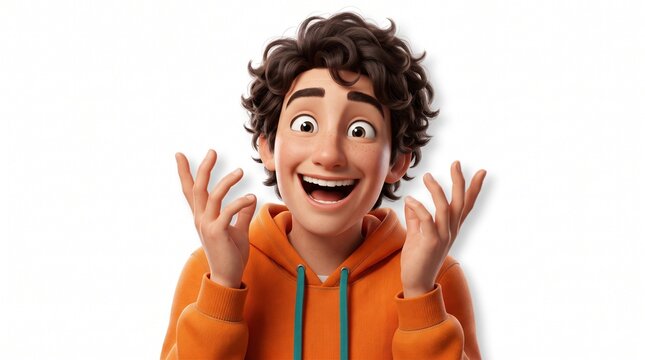 3D cartoon character of an excited young man wearing an orange hoodie isolated on white background