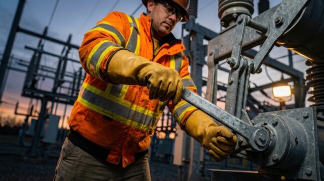 Substation utility lineman in rubber insulating gloves and high-visibility jacket turning manual charging handle of gas-insulated high-voltage switchgear.