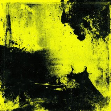 Grungy yellow background with chaotic black paint splatters and textured abstract artistic design for creative projects