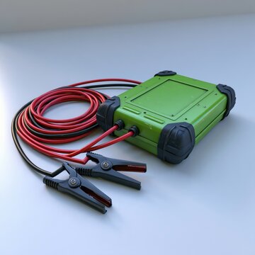 Portable green battery charger with durable insulated clamps and coiled red and black cables for emergency vehicle power supply and jump-starting tasks