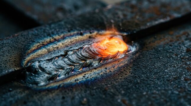 Molten multi-pass weld pool solidifying with uniform ripple bead along heavy armored steel plate butt joint.
