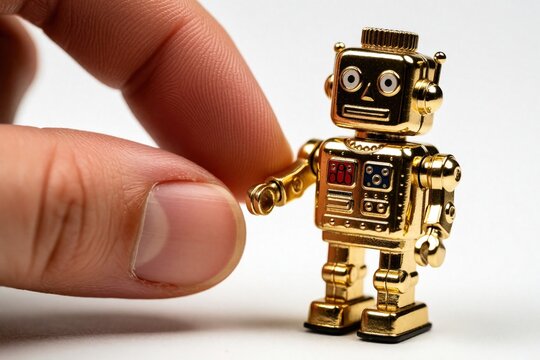 Human finger touches small golden toy robot on white background. Close up shot shows interaction between person, miniature metal android. Concept of artificial intelligence, future tech, human