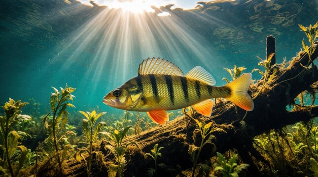 Yellow perch fish swims near submerged wood in clear freshwater. Sunbeams shine through surface onto striped aquatic animal. Green plants, lake vegetation grow around perch in natural habitat.