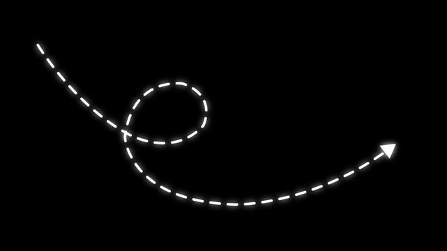 Animated white dashed loop arrow path on black background, minimalist motion for creative presentations, digital marketing tutorials, ui ux interface navigation and directional flow