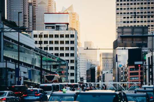 Evening view of road traffic in Shinjuku district in Tokyo, Japan.