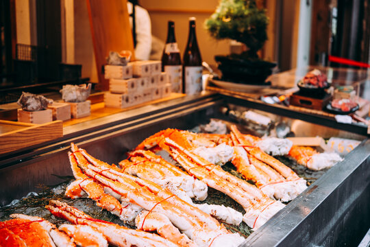 Pieces of crab on sale at the Tsukiji outer market in Tokyo, Japan.