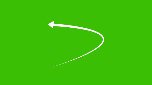 Animated white curved arrow pointing left isolated on chroma key green screen background, for motion editing, digital overlay and, creative visual communication projects