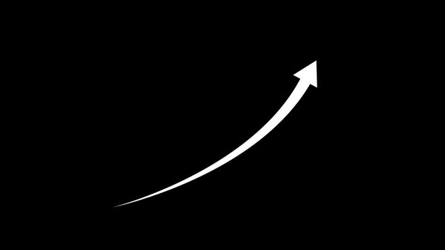 Dynamic white curved arrow animation pointing upward on a clean black background, representing business growth, financial success, market trends, data analytics, and positive progress