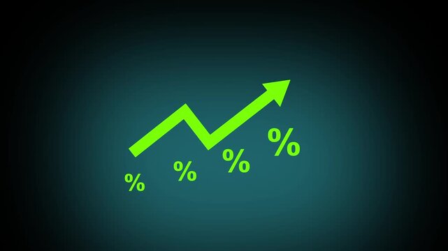 Dynamic financial growth chart animation featuring rising green arrow and percentage symbols representing economic success, market profitability, investment gains, and positive business performance