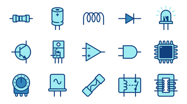 Set of 15 Electronic Component and Circuit Symbols Including Resistor Capacitor Transistor and VDR
